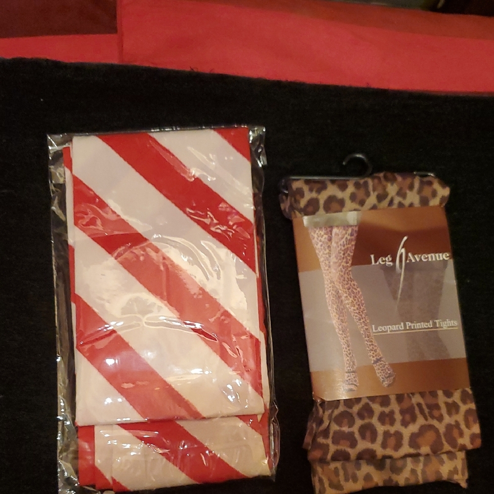 Leg Avenue Red and White Striped & Leopard Print Tights SIZE SMALL/MEDIUM